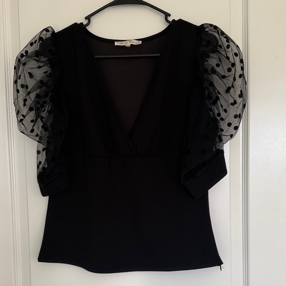 See the Shades  Black Top with Sheer Polka Dot Sleeves Sz Large Puff Sleeves - Picture 2 of 9
